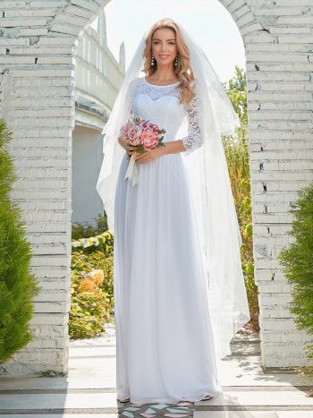 See-Through Floor Length Lace Evening Dress with Half Sleeve - White