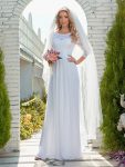 See-Through Floor Length Lace Evening Dress with Half Sleeve – White