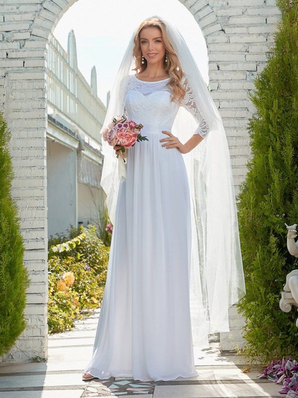 See-Through Floor Length Lace Evening Dress with Half Sleeve - White