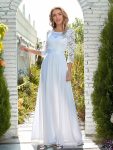 See-Through Floor Length Lace Evening Dress with Half Sleeve – White