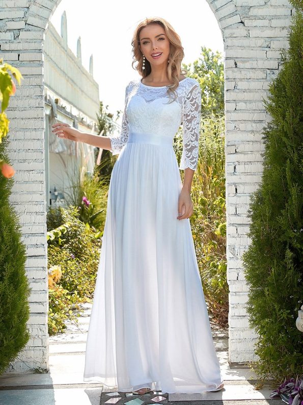 See-Through Floor Length Lace Evening Dress with Half Sleeve - White