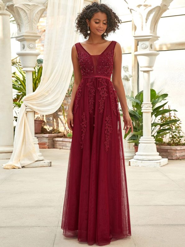 Maxi Long Elegant Ethereal Tulle Evening Dress - Burgundy