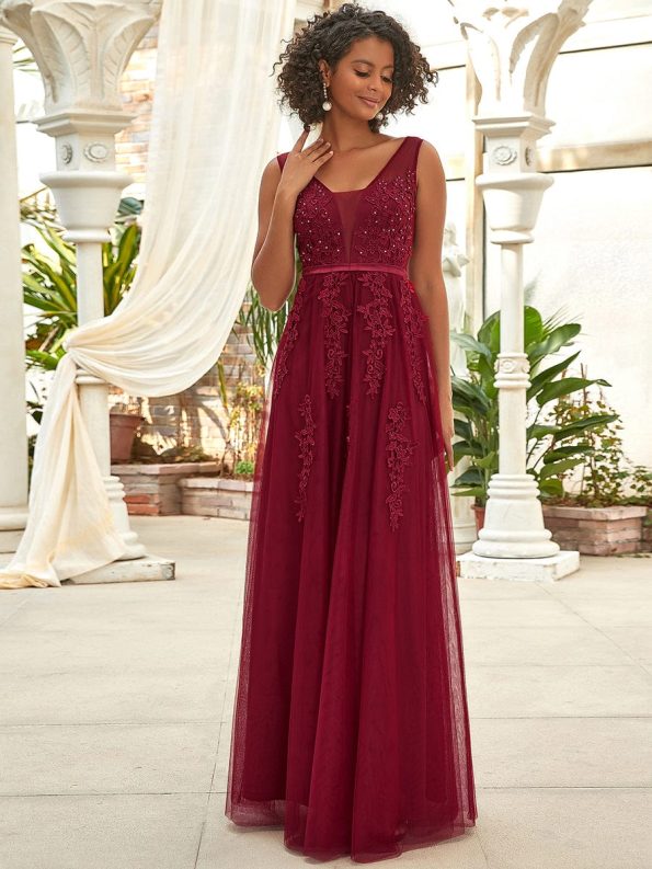 Maxi Long Elegant Ethereal Tulle Evening Dress - Burgundy