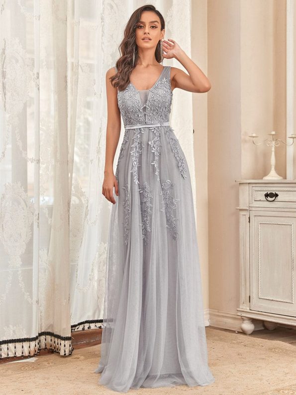 Maxi Long Elegant Ethereal Tulle Evening Dress - Grey