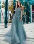 Maxi Long Elegant Ethereal Tulle Prom Dress – Dusty Blue