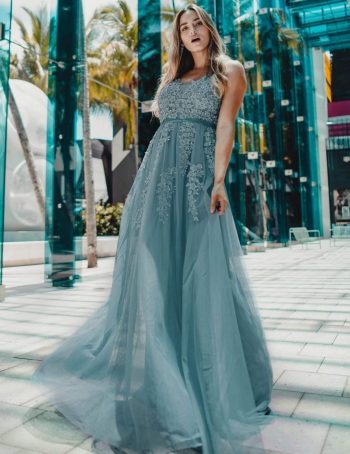 Maxi Long Elegant Ethereal Tulle Prom Dress - Dusty Blue