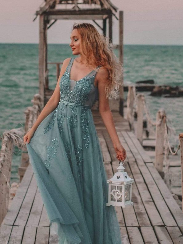 Maxi Long Elegant Ethereal Tulle Prom Dress - Dusty Blue