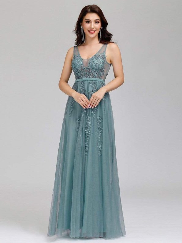 Maxi Long Elegant Ethereal Tulle Prom Dress - Dusty Blue