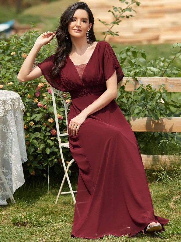 Women's A-Line Empire Waist Maxi Chiffon Evening Dress - Burgundy