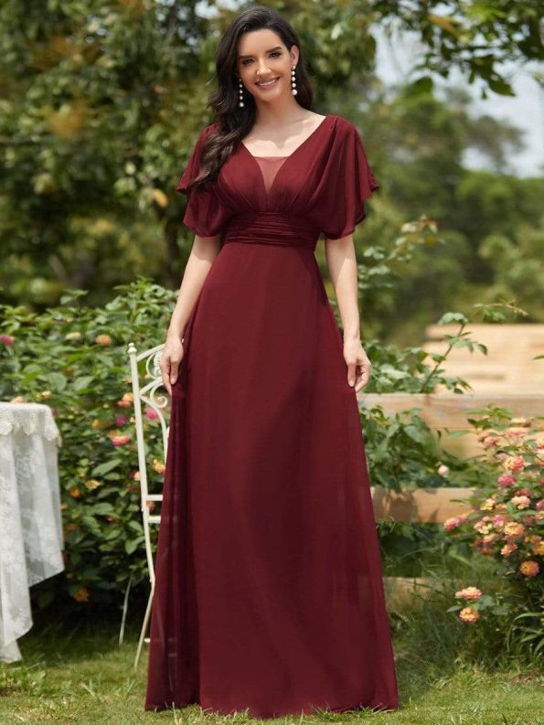 Women's A-Line Empire Waist Maxi Chiffon Evening Dress - Burgundy