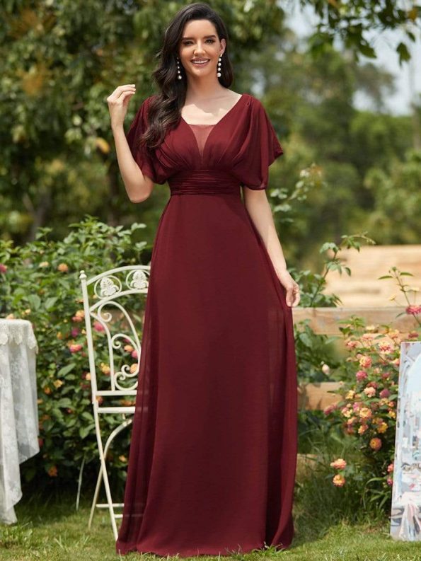 Women's A-Line Empire Waist Maxi Chiffon Evening Dress - Burgundy