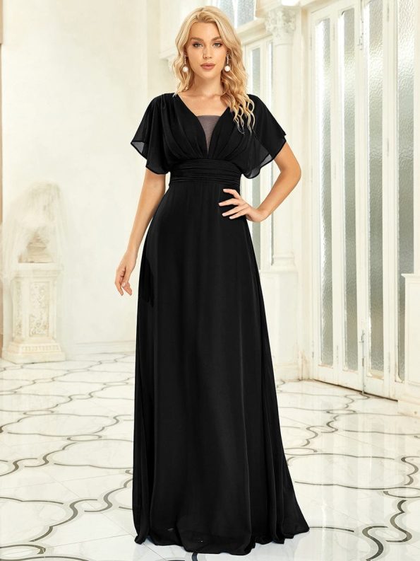 Women's A-Line Empire Waist Maxi Chiffon Evening Dress - Black