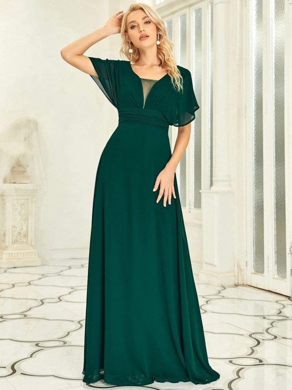 Women's A-Line Empire Waist Maxi Chiffon Evening Dress - Dark Green