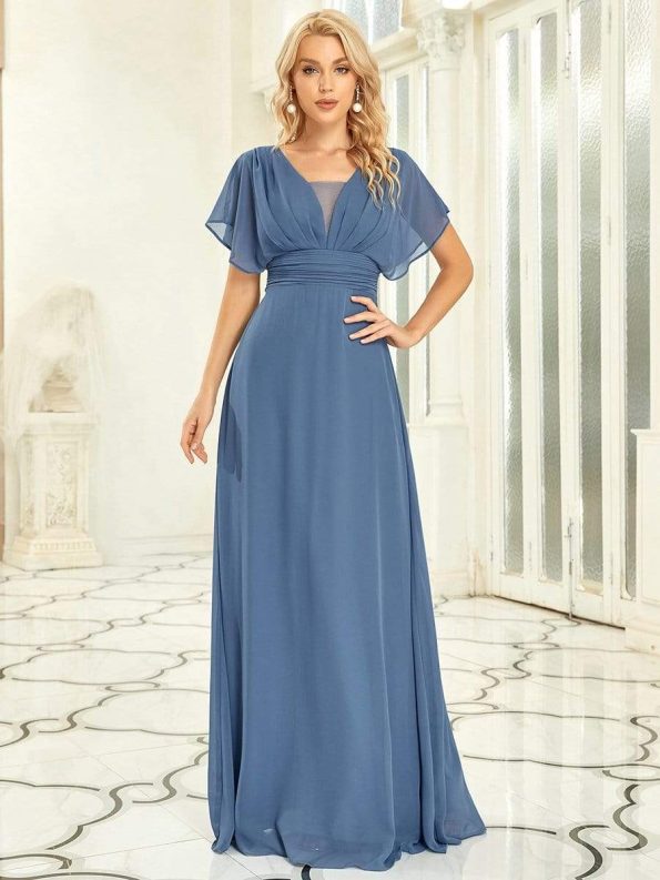 Women's A-Line Empire Waist Maxi Chiffon Evening Dress - Dusty Navy