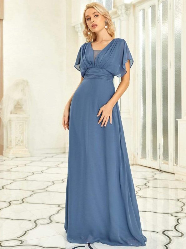 Women's A-Line Empire Waist Maxi Chiffon Evening Dress - Dusty Navy