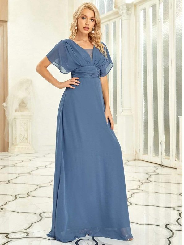 Women's A-Line Empire Waist Maxi Chiffon Evening Dress - Dusty Navy