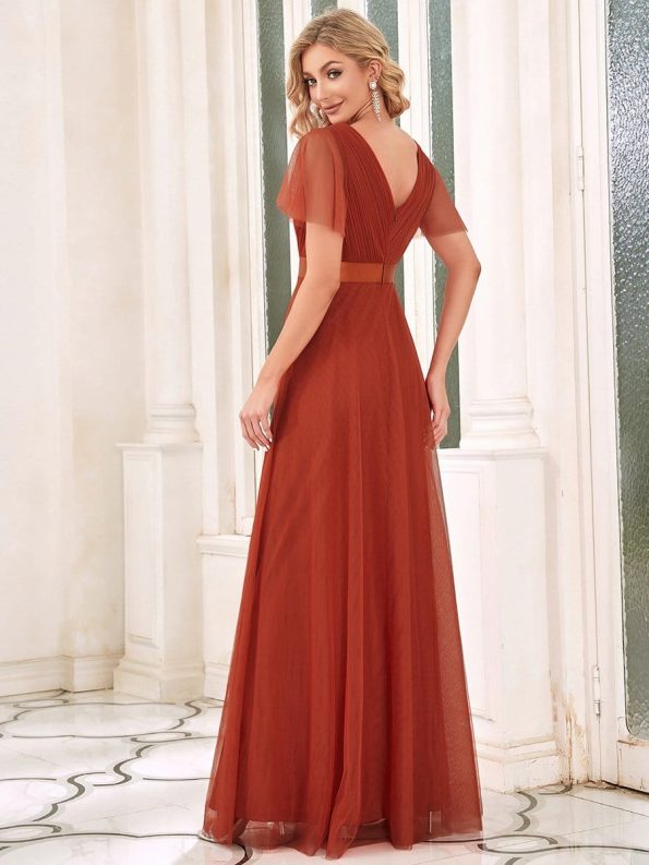 V-Neck Floor-Length Short Sleeve Tulle Bridesmaid Dresses - Burnt Orange