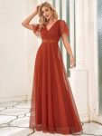 V-Neck Floor-Length Short Sleeve Tulle Bridesmaid Dresses – Burnt Orange