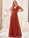 V-Neck Floor-Length Short Sleeve Tulle Bridesmaid Dresses – Burnt Orange