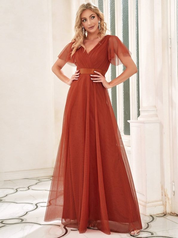 V-Neck Floor-Length Short Sleeve Tulle Bridesmaid Dresses - Burnt Orange