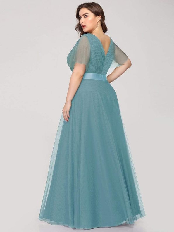 Double V-Neck Floor-Length Short Sleeve Tulle Bridesmaid Dresses - Dusty Blue