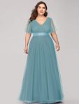 Double V-Neck Floor-Length Short Sleeve Tulle Bridesmaid Dresses – Dusty Blue