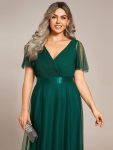 Double V-Neck Floor-Length Short Sleeve Tulle Bridesmaid Dresses – Dark Green