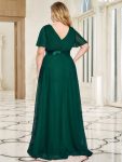 Double V-Neck Floor-Length Short Sleeve Tulle Bridesmaid Dresses – Dark Green