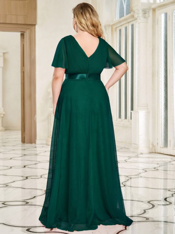 Double V-Neck Floor-Length Short Sleeve Tulle Bridesmaid Dresses - Dark Green