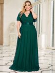 Double V-Neck Floor-Length Short Sleeve Tulle Bridesmaid Dresses – Dark Green