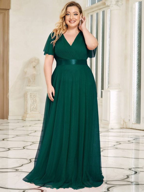 Double V-Neck Floor-Length Short Sleeve Tulle Bridesmaid Dresses - Dark Green