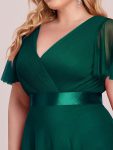 Double V-Neck Floor-Length Short Sleeve Tulle Bridesmaid Dresses – Dark Green