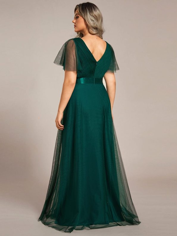 Double V-Neck Floor-Length Short Sleeve Tulle Bridesmaid Dresses - Dark Green