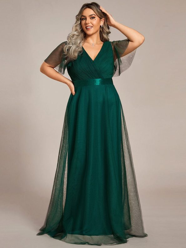 Double V-Neck Floor-Length Short Sleeve Tulle Bridesmaid Dresses - Dark Green