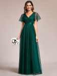 Double V-Neck Floor-Length Short Sleeve Tulle Bridesmaid Dresses – Dark Green