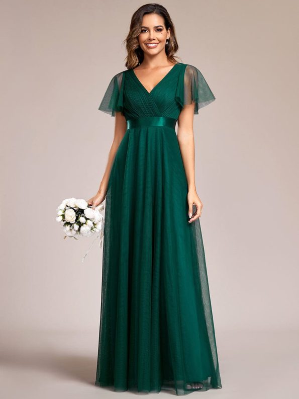 Double V-Neck Floor-Length Short Sleeve Tulle Bridesmaid Dresses - Dark Green