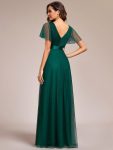 Double V-Neck Floor-Length Short Sleeve Tulle Bridesmaid Dresses – Dark Green