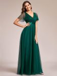 Double V-Neck Floor-Length Short Sleeve Tulle Bridesmaid Dresses – Dark Green