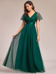 Double V-Neck Floor-Length Short Sleeve Tulle Bridesmaid Dresses – Dark Green