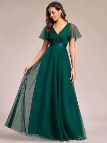 Double V-Neck Floor-Length Short Sleeve Tulle Bridesmaid Dresses - Dark Green