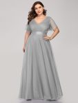 V-Neck Floor-Length Short Sleeve Tulle Bridesmaid Dresses – Grey