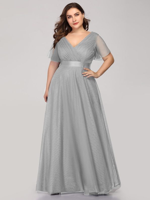 V-Neck Floor-Length Short Sleeve Tulle Bridesmaid Dresses - Grey