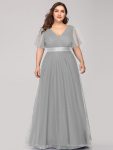 V-Neck Floor-Length Short Sleeve Tulle Bridesmaid Dresses – Grey