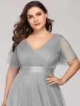 V-Neck Floor-Length Short Sleeve Tulle Bridesmaid Dresses – Grey