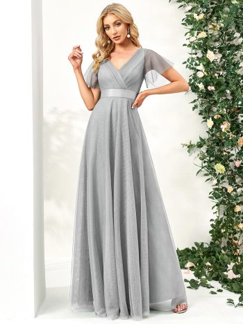 V-Neck Floor-Length Short Sleeve Tulle Bridesmaid Dresses - Grey