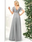 V-Neck Floor-Length Short Sleeve Tulle Bridesmaid Dresses – Grey