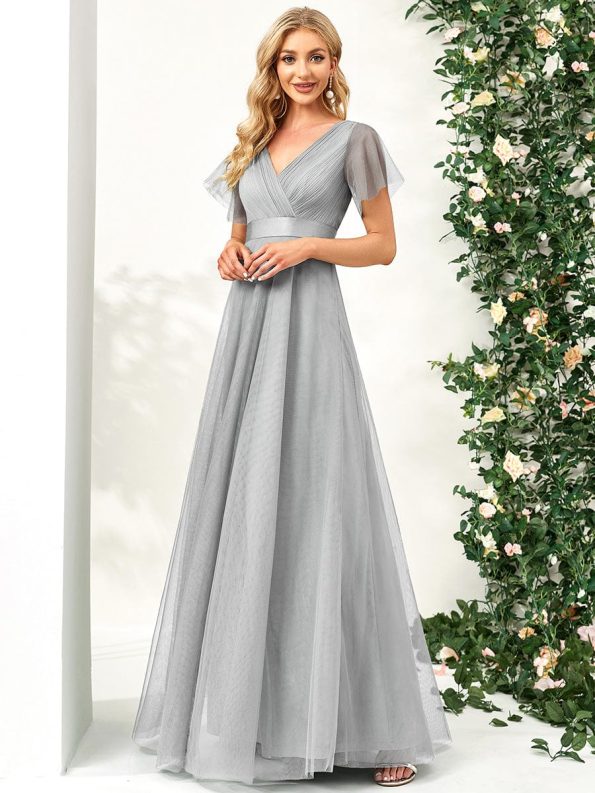 V-Neck Floor-Length Short Sleeve Tulle Bridesmaid Dresses - Grey