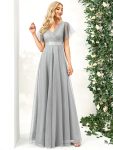 V-Neck Floor-Length Short Sleeve Tulle Bridesmaid Dresses – Grey