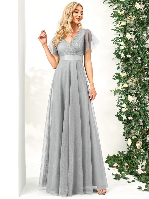 V-Neck Floor-Length Short Sleeve Tulle Bridesmaid Dresses - Grey