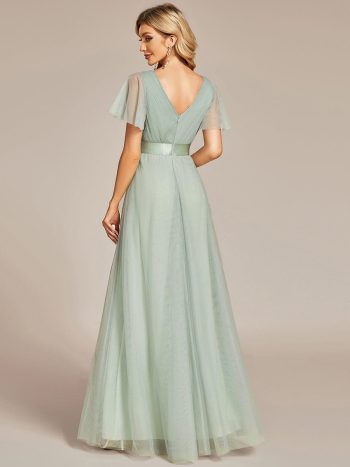 Double V-Neck Floor-Length Short Sleeve Tulle Bridesmaid Dresses - Mint Green